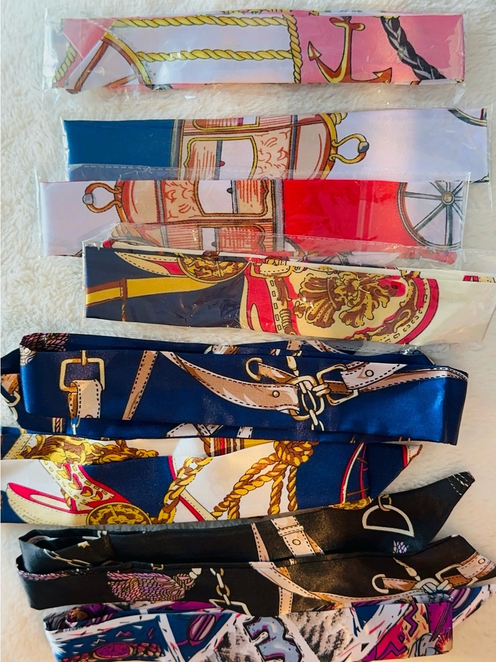 Set of 8 Navy & Gold Chain Print Satin Scarf Twilly/Ribbon